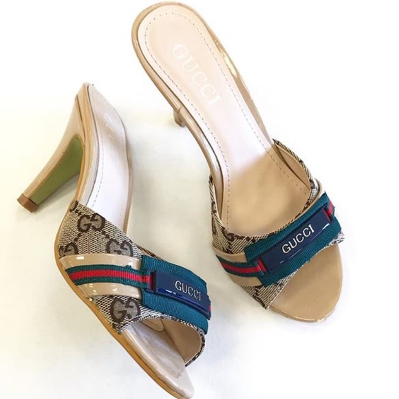 Gucci Shoes - Gucci Tan GG Fabric Kitten Heels Sz 36 Web Logo